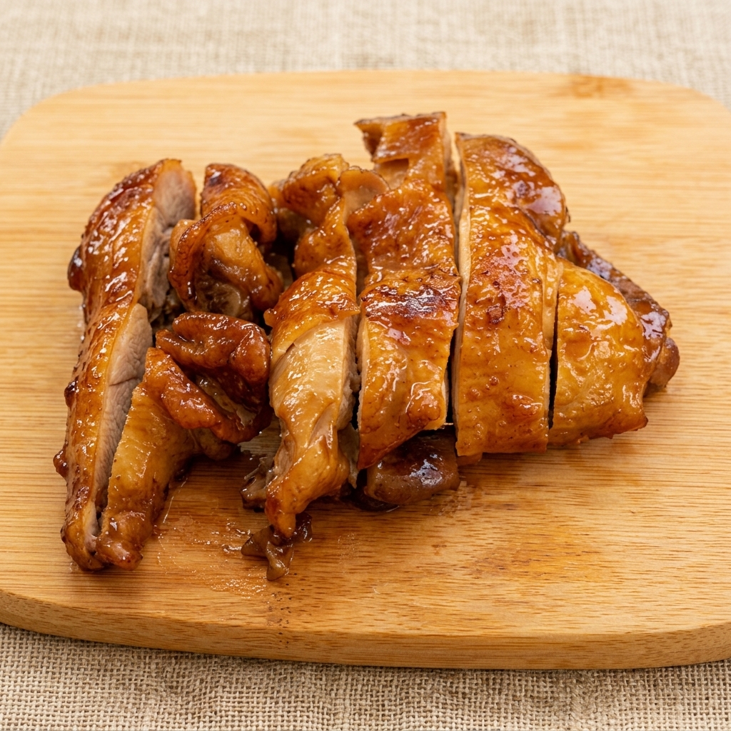 Cooked chicken thigh being sliced into even strips on a wooden board.