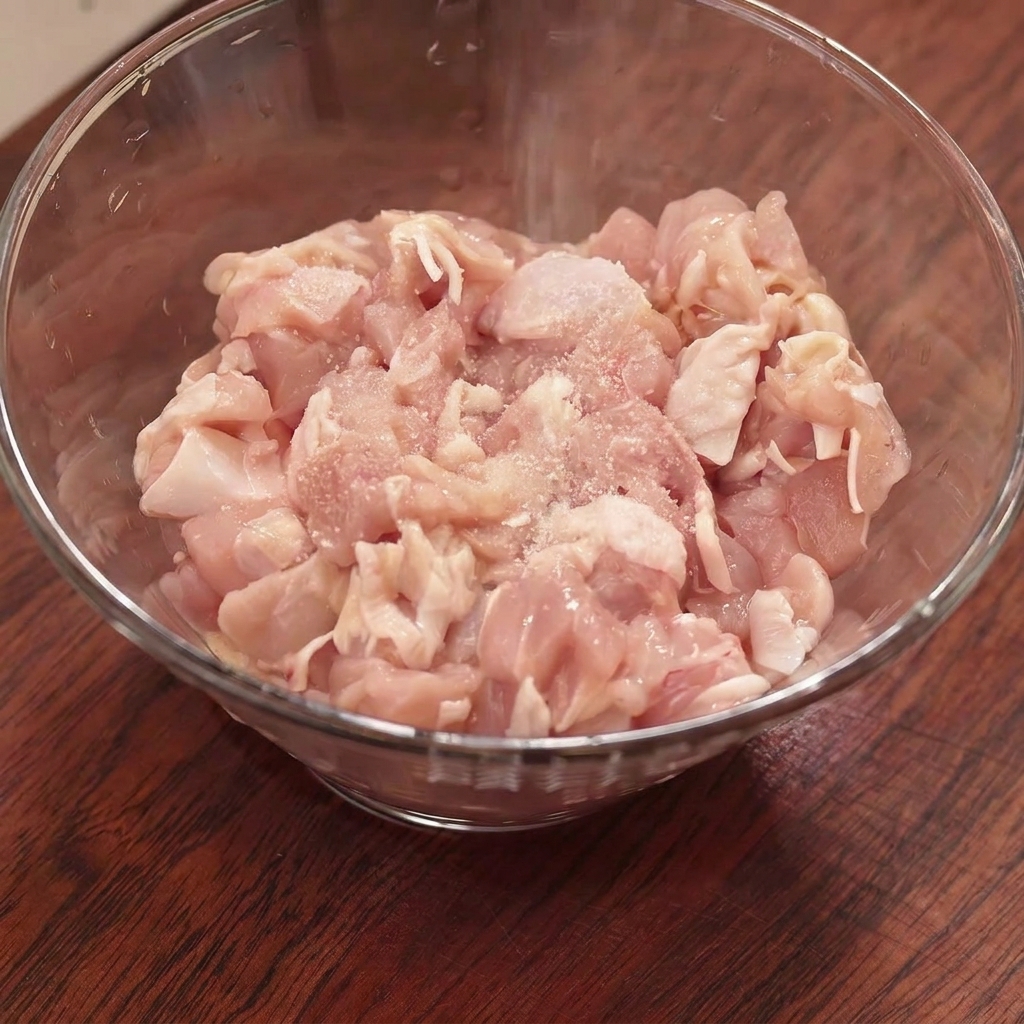 Raw chopped chicken in a glass bowl sprinkled with salt, cornstarch, and seasonings before mixing.