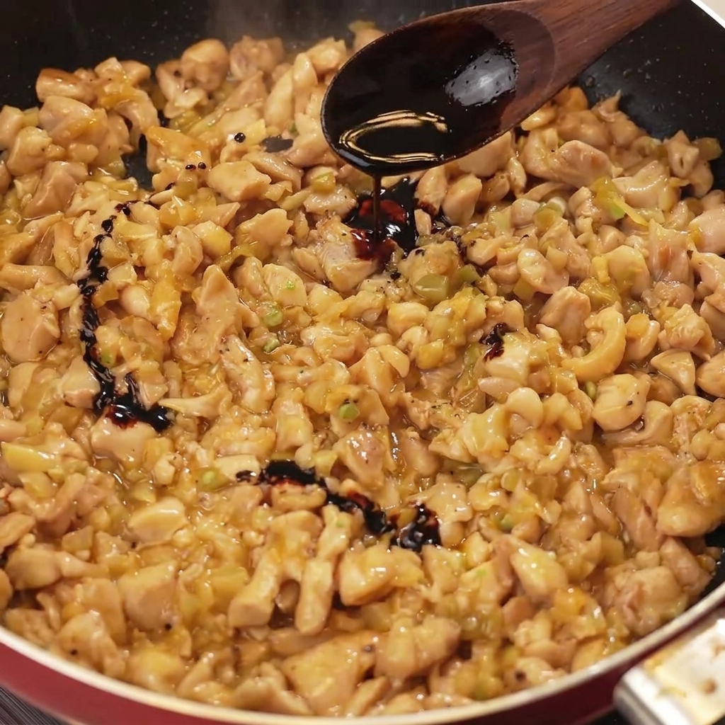 A wooden spoon pouring dark soy sauce over the stir-fried chicken and preserved mustard greens in the pan.