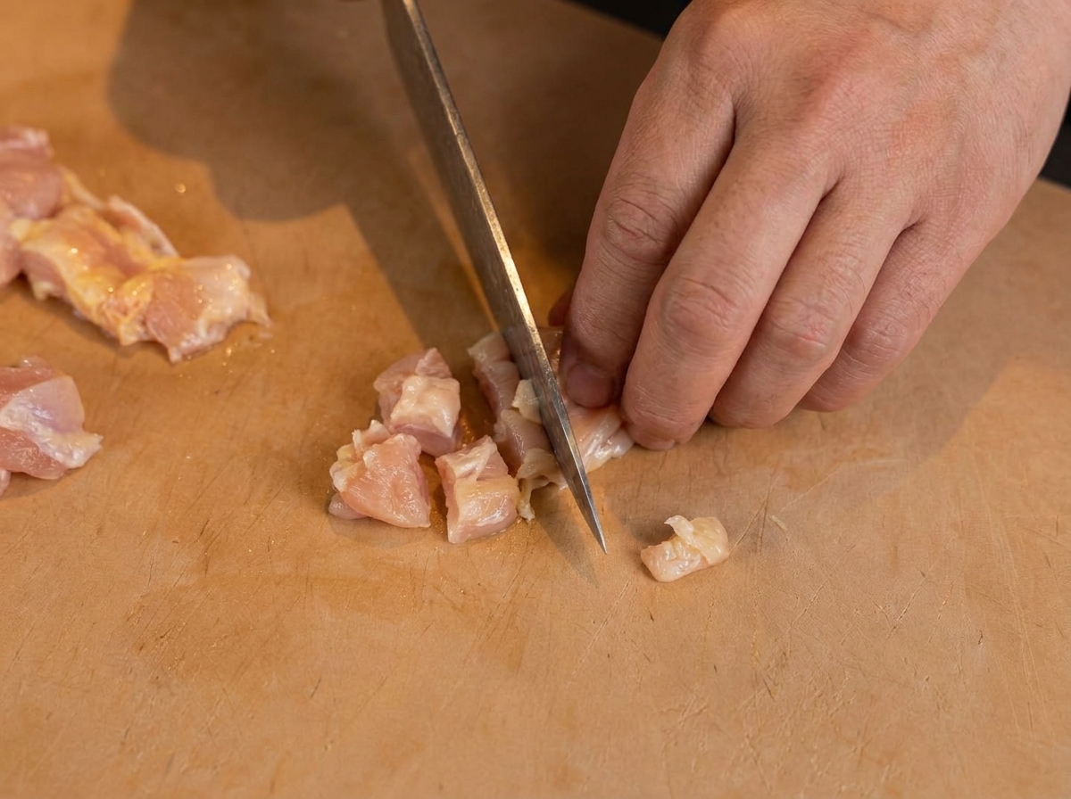 A hand holding a knife to dice raw chicken meat into small cubes on a wooden cutting board.