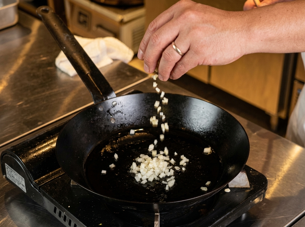 A hand dropping freshly diced white onion into a black pan with hot oil on a stove.