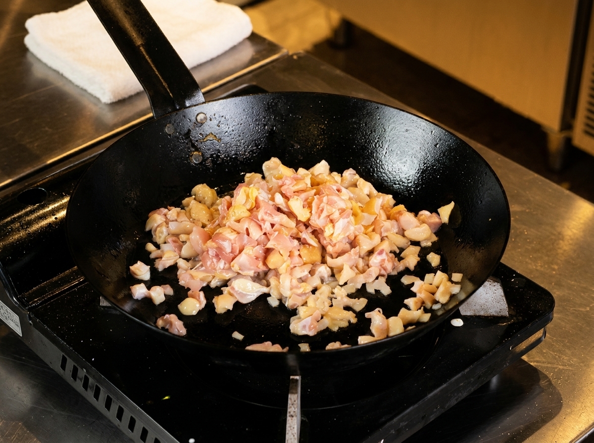 Raw diced chicken meat and cartilage cooking in a hot black pan.