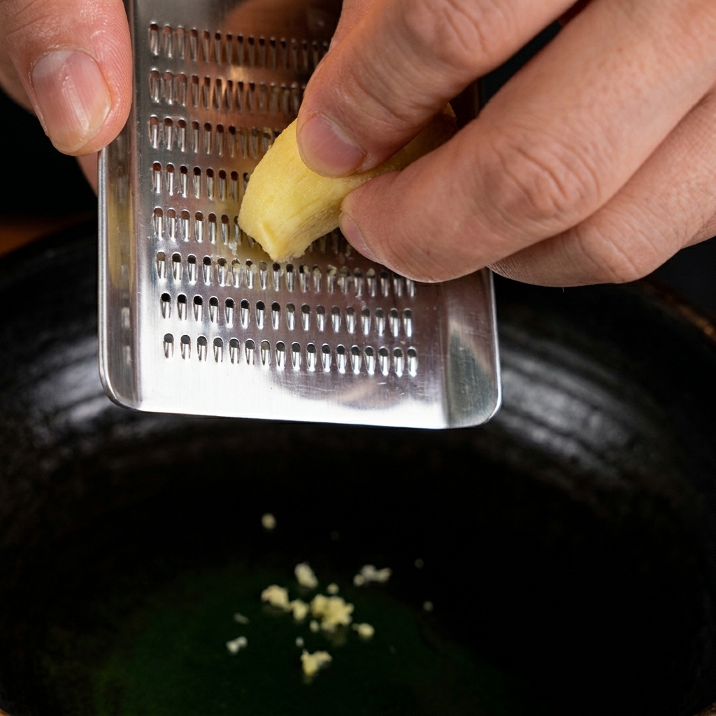 Hands rubbing a piece of fresh yellow ginger against a stainless steel grater.