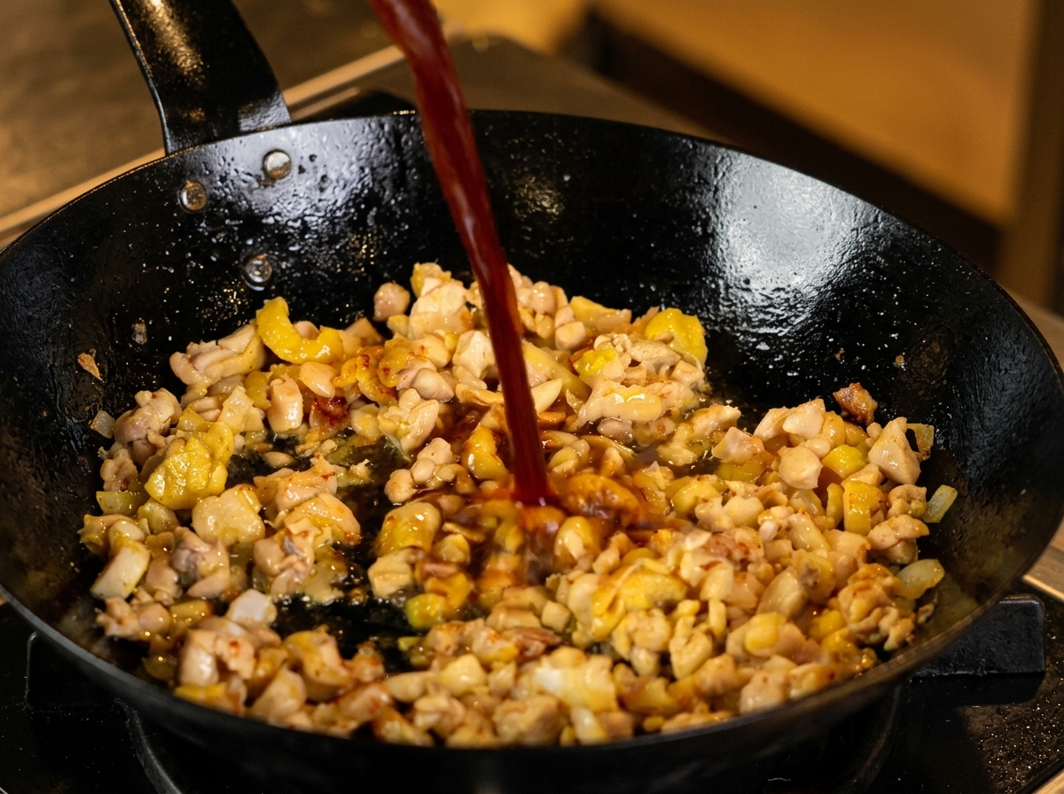 A stream of dark liquid sauce being poured into a black wok containing cooked diced chicken.