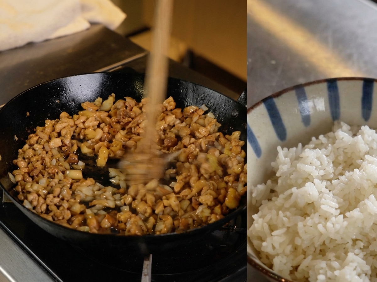 Cooked minced chicken being spooned over a bowl of white rice.