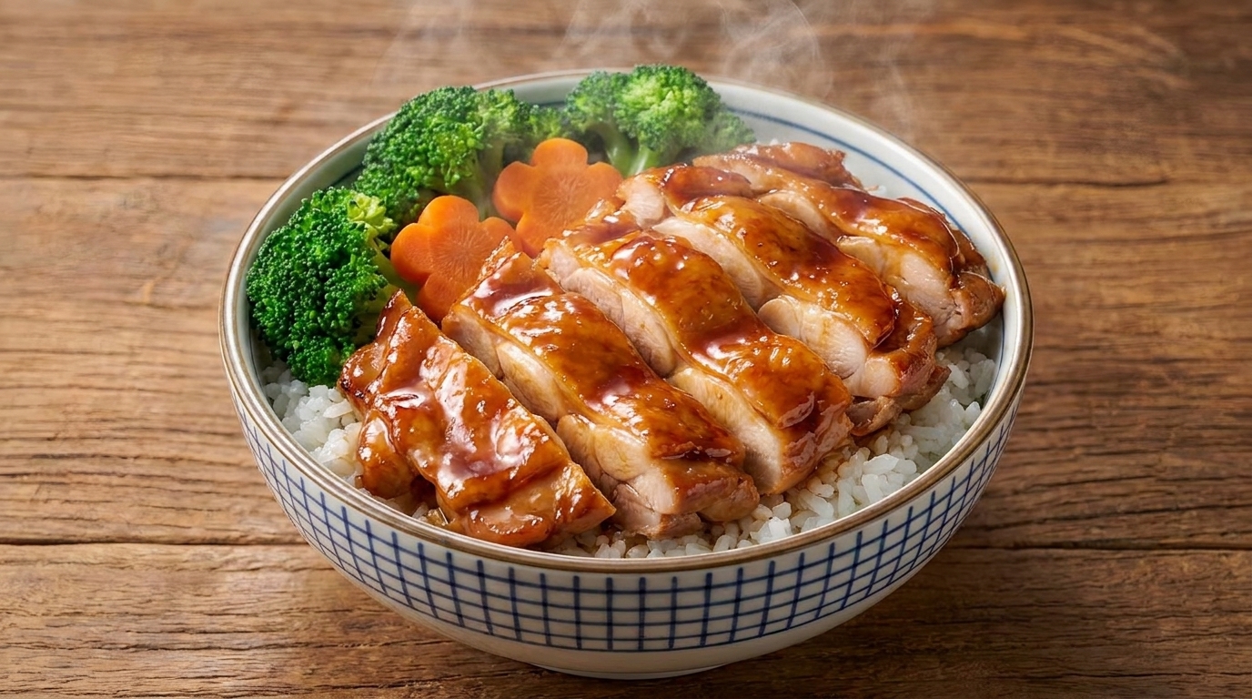 A perfectly cooked soft-boiled egg being placed on top of the chicken rice bowl.