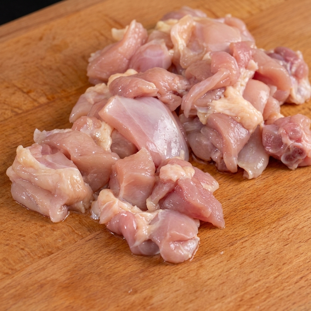 Raw chicken thigh meat chopped into small pieces resting on a wooden cutting board.