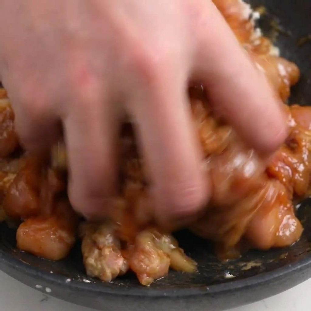 A hand mixing raw chopped chicken with cornstarch and liquid seasonings in a dark bowl.