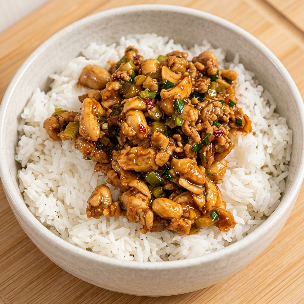 Savory chicken stir-fry being spooned over white rice in a ceramic bowl.