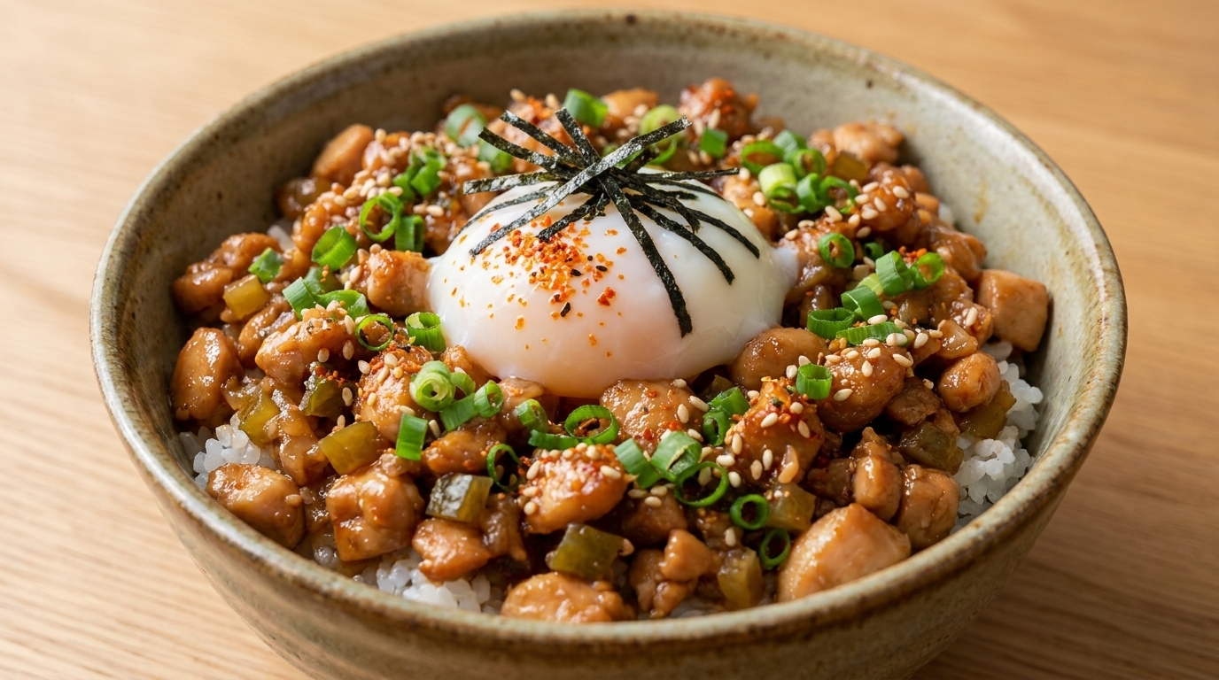 Japanese Minced Chicken and Pickled Green Rice Bowl (Tori Soboro Don)