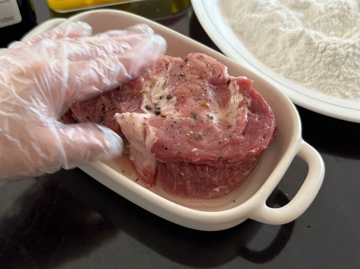 Gloved hands rubbing black pepper and salt into a piece of raw pork in a white dish.