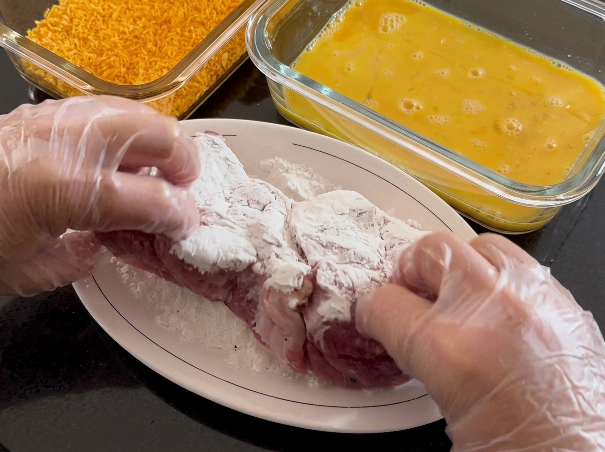 Gloved hands pressing white starch evenly over a piece of marinated raw pork on a plate.