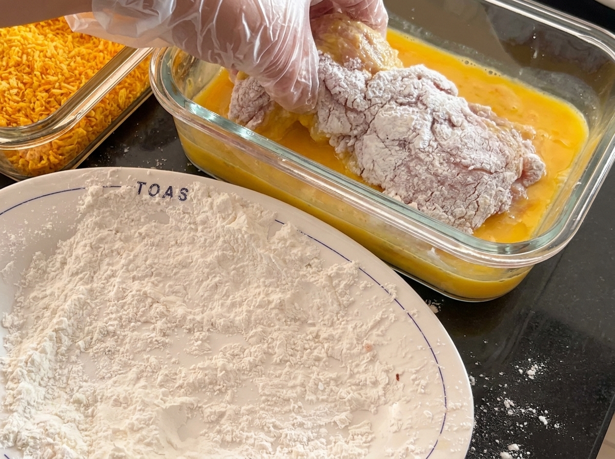 A piece of starch-coated pork being dipped into a rectangular glass container filled with beaten yellow egg.