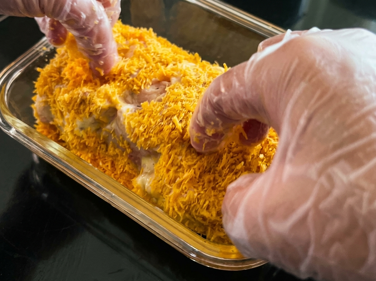 Gloved hands pressing orange panko breadcrumbs onto an egg-coated pork cutlet.