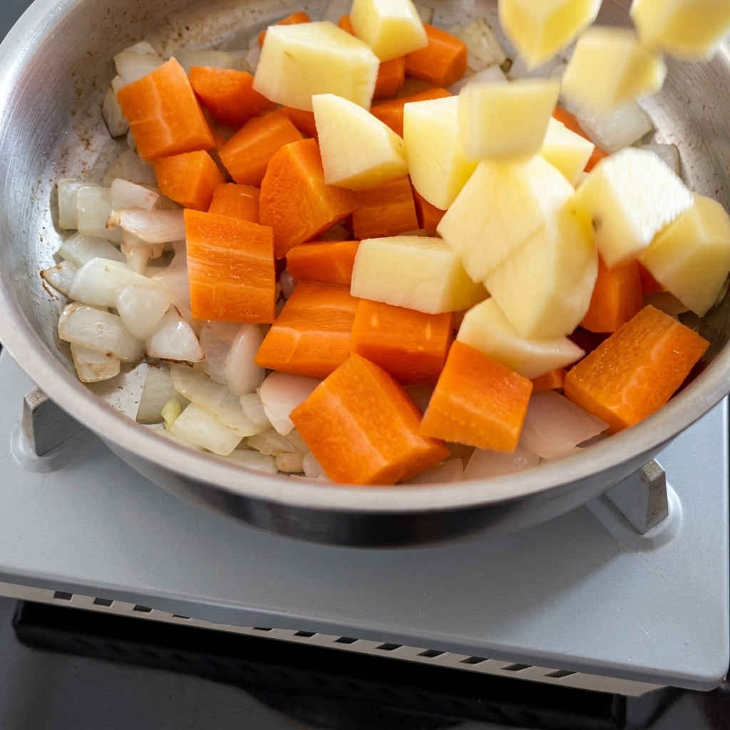 Diced carrots and potatoes falling into a metal pot to be stir-fried with sautéed onions.