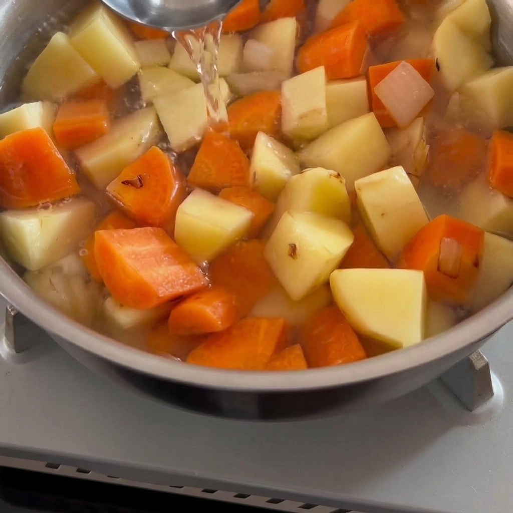 Solid curry roux cubes being dropped into a pot of simmering vegetable liquid.