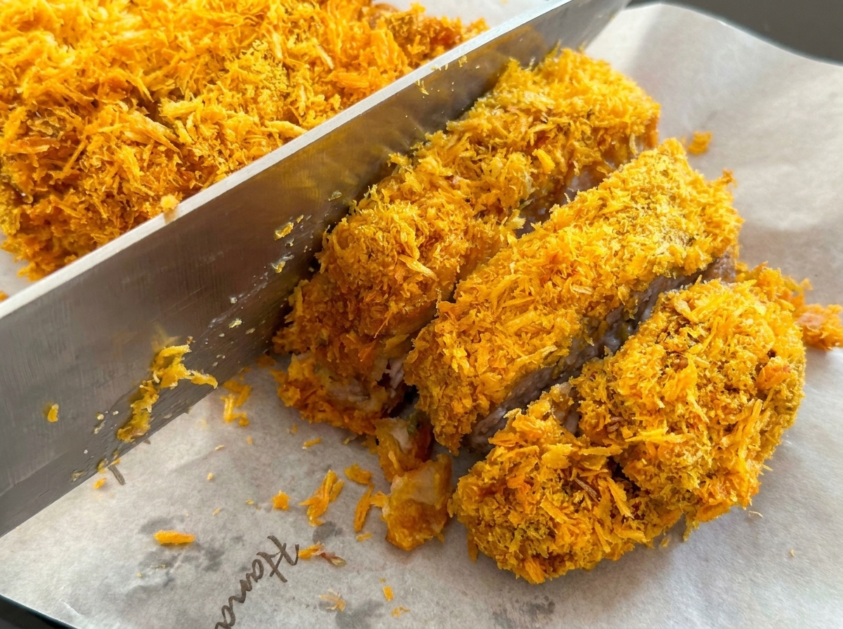 A crispy, golden-brown breaded pork cutlet being sliced into strips on a piece of parchment paper.