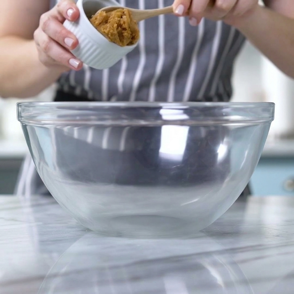 A close-up of miso paste being scooped with a wooden spoon into an empty glass bowl.