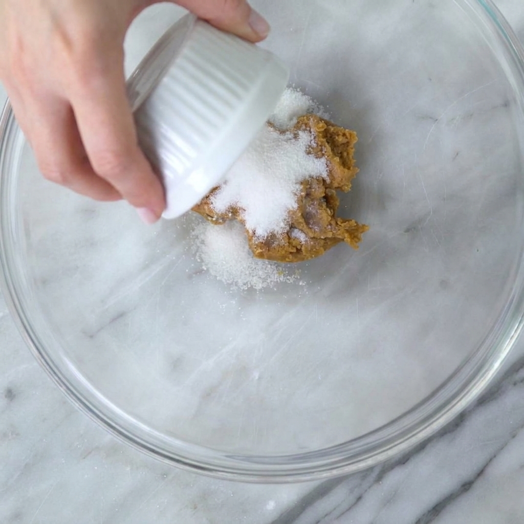 Granulated white sugar being poured from a small white ramekin onto the mound of miso paste in a glass bowl.