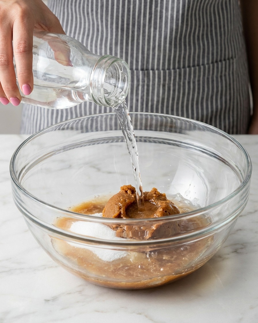 Clear water being poured from a glass carafe into a bowl containing miso paste and sugar.