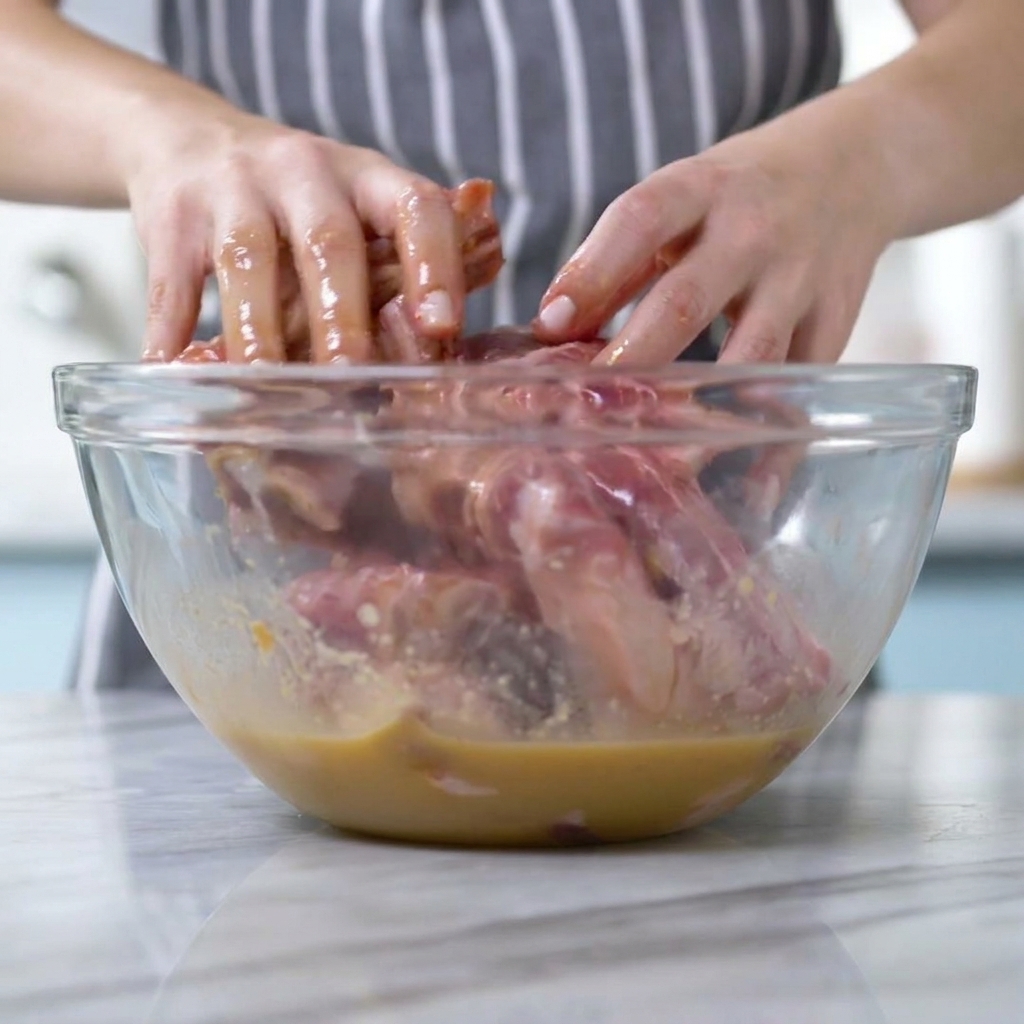 Hands tossing raw pork ribs in a glass bowl filled with a brown miso based marinade