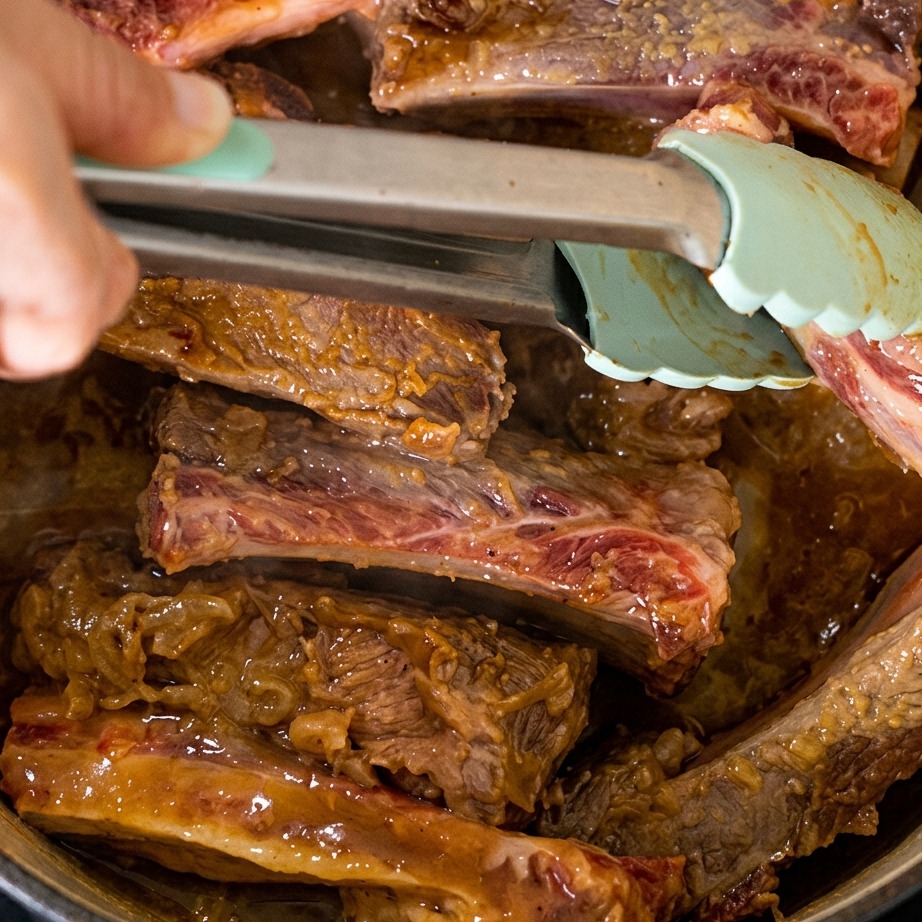 Pork ribs being turned with tongs in a pot, showing a deep golden-brown sear on the meat.