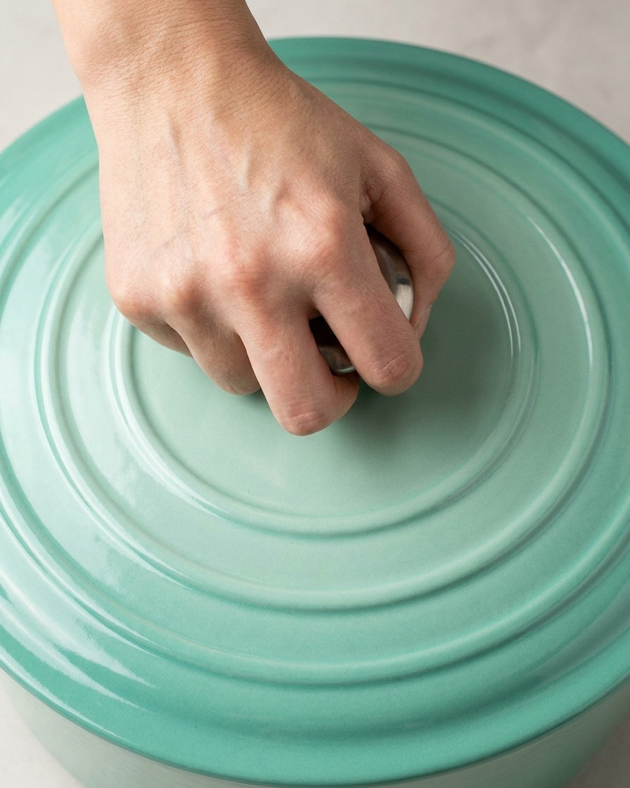 A hand placing a lid securely onto a light blue cast iron pot.