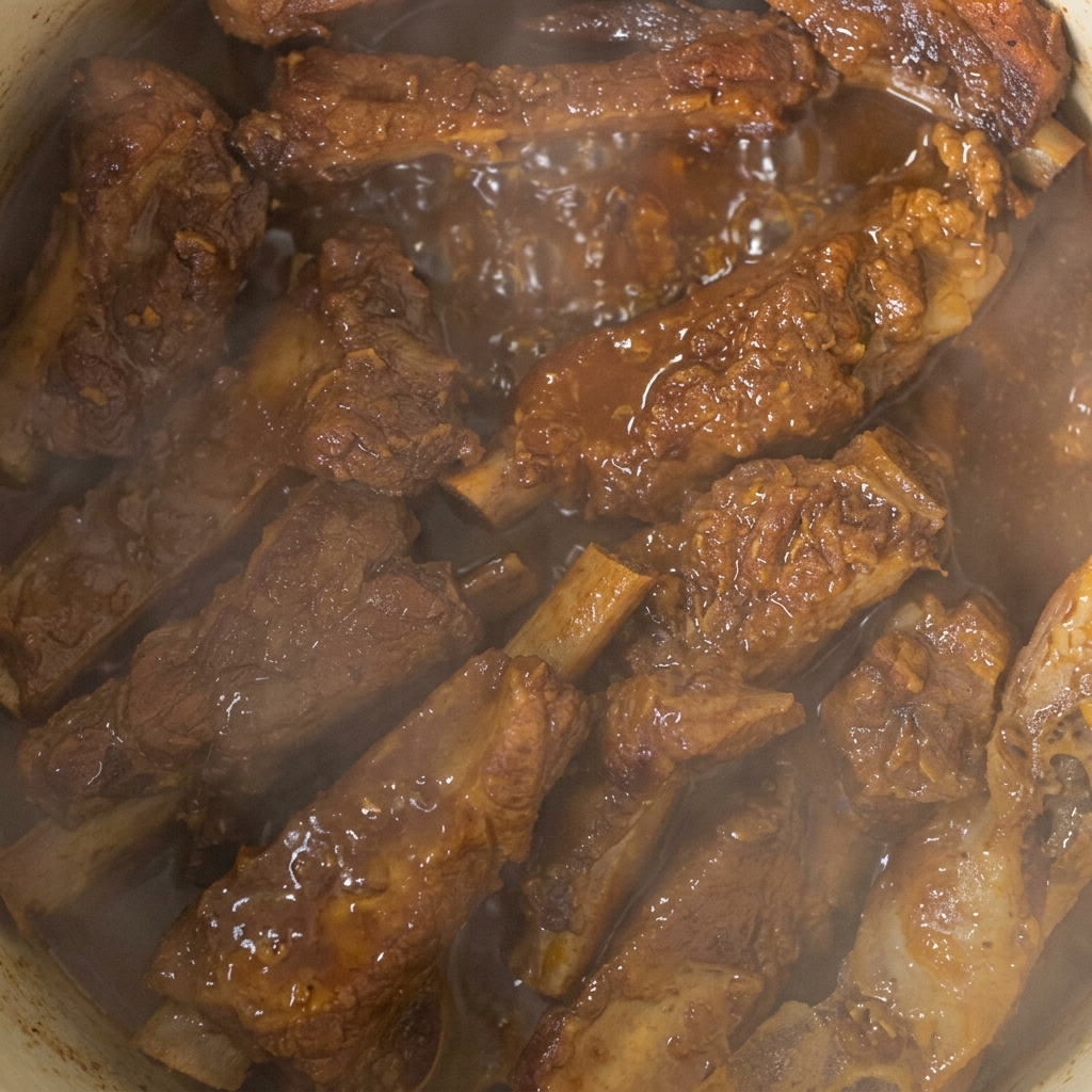 Tender, dark brown glazed pork ribs simmering in a rich, bubbling thick sauce inside a pot.