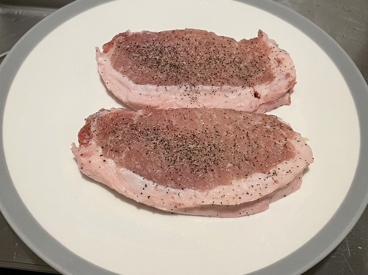 Thick-cut pork loin pieces lying flat on a plate, seasoned with a visible layer of salt and cracked black pepper.