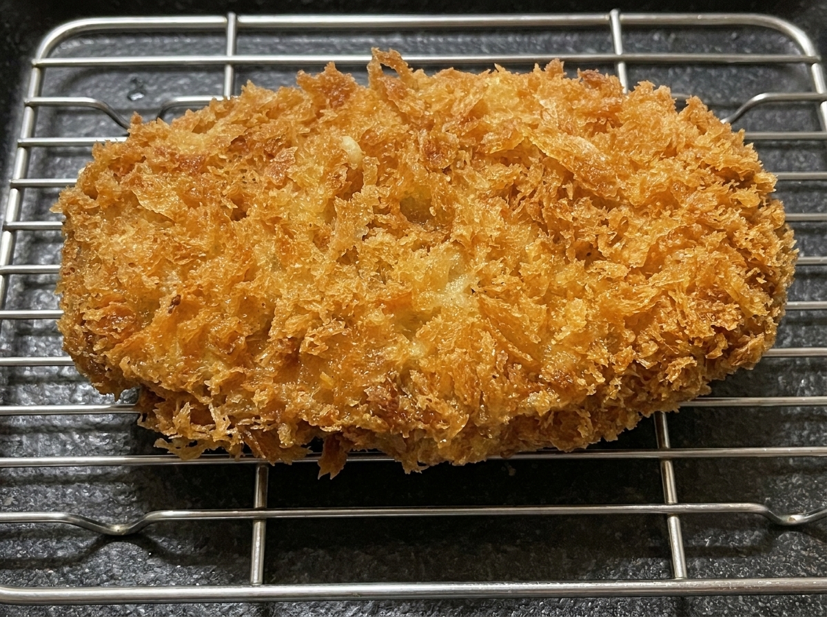 A golden-brown, deep-fried pork cutlet resting on a stainless steel wire rack.