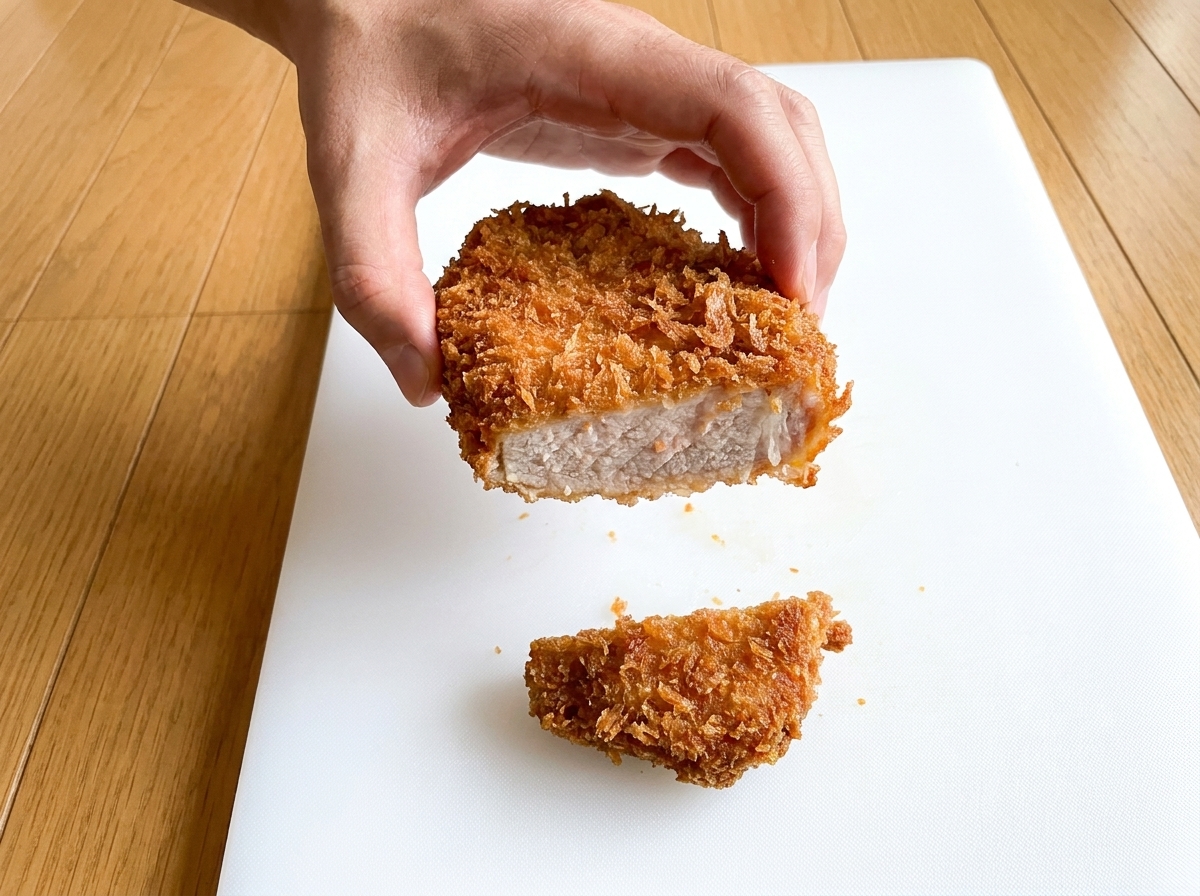 A person holding a deep-fried pork cutlet that has been partially sliced, showing a juicy, light-pink interior.