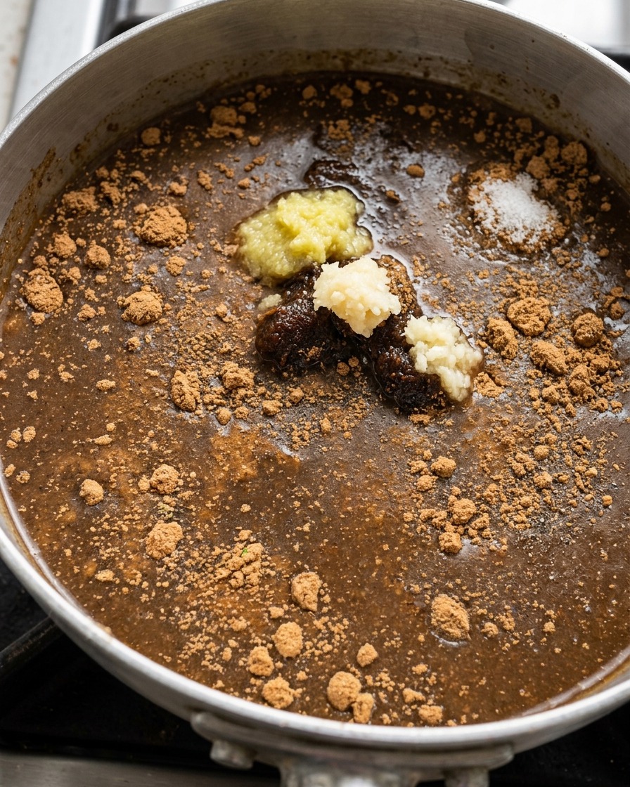 A pot containing miso sauce ingredients including miso paste, minced garlic, ginger, and various powdered seasonings ready for simmering.