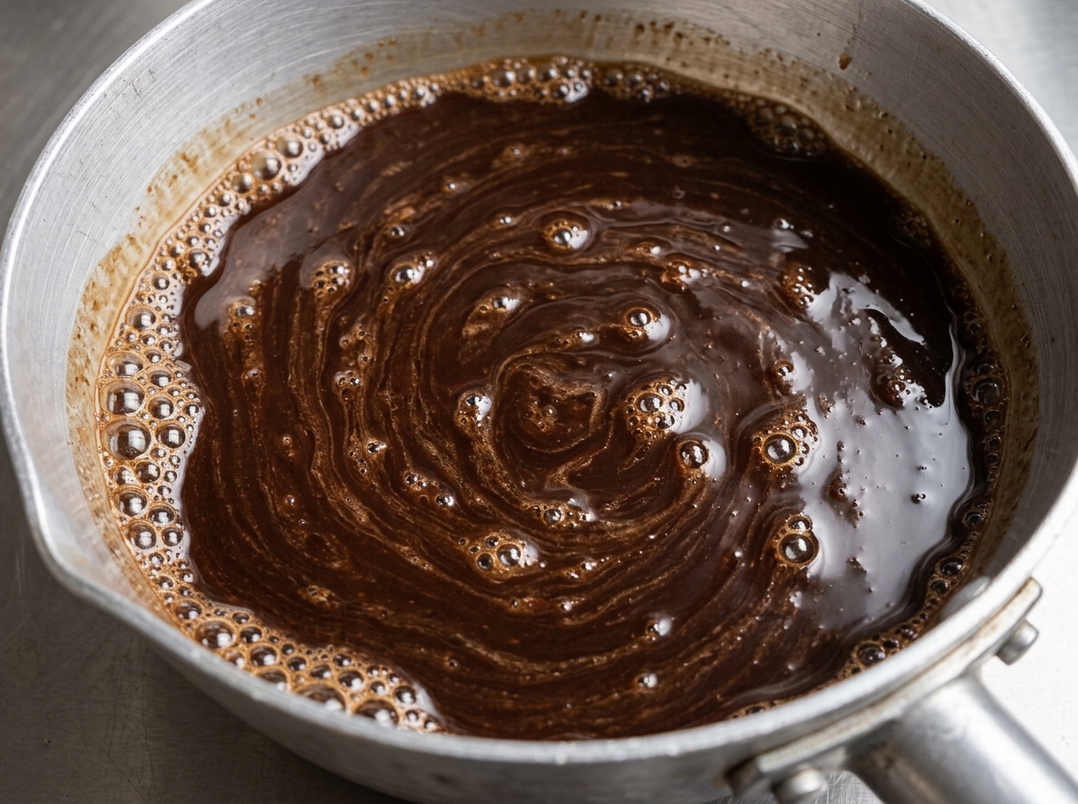 A metal saucepan containing a dark brown miso sauce mixture being stirred with a spoon.