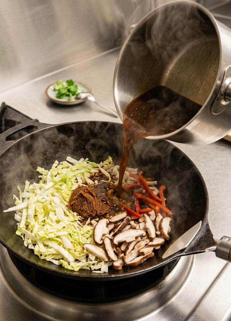 Thick miso sauce being poured from a saucepan onto a hot plate containing breaded pork cutlets and vegetables.