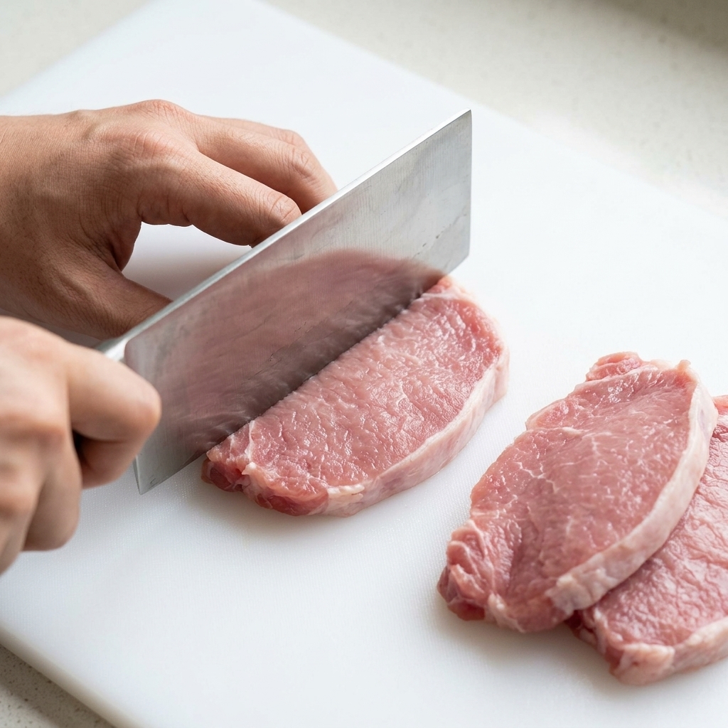 A raw pork slice being gently pounded with the flat side of a heavy kitchen knife.