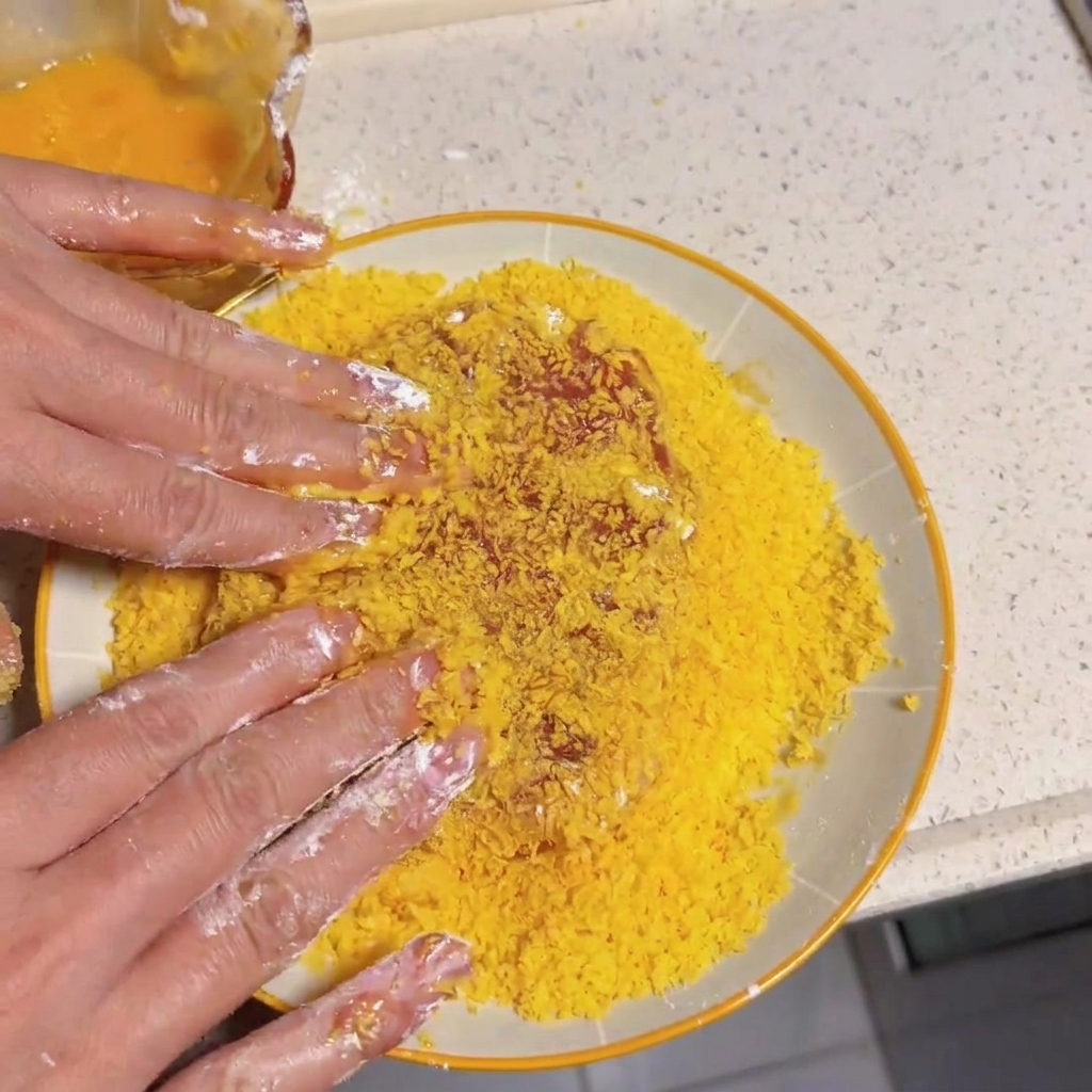 Hands pressing a piece of meat into a plate of yellow breadcrumbs to coat it evenly.