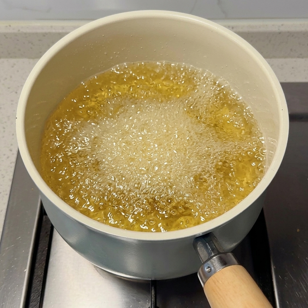A breaded pork chop frying in aggressively bubbling hot oil inside a white pot.