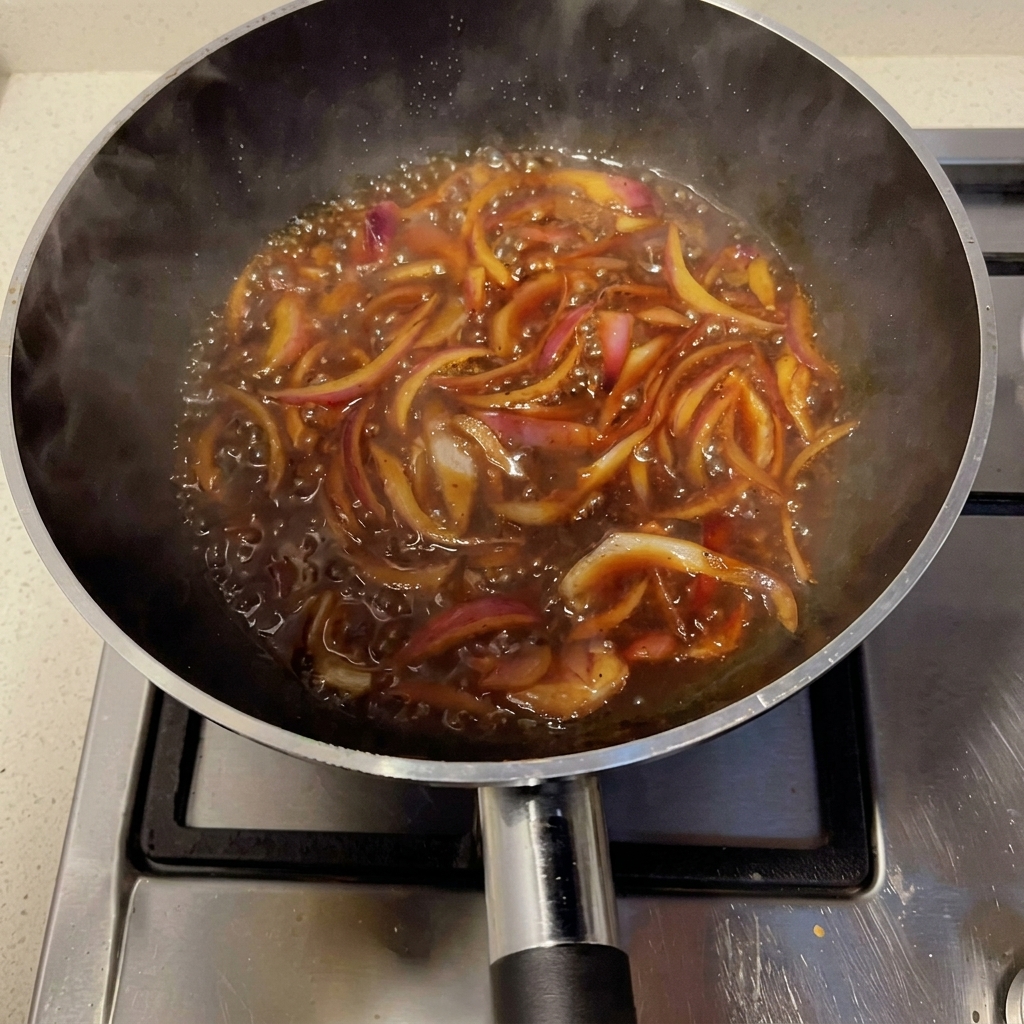 Onions softening in a pan being combined with a rich, dark black pepper sauce.