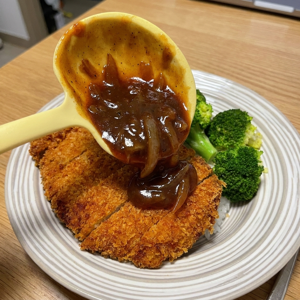 A yellow ladle pouring a rich, dark brown black pepper and onion sauce over a plated, sliced fried pork chop.