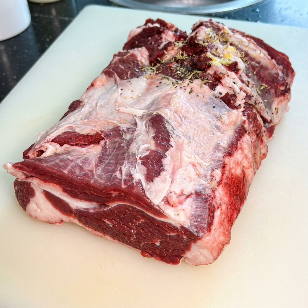 Large raw slabs of beef chuck on a white board, topped with various dry spices and a drizzle of dark oyster sauce.