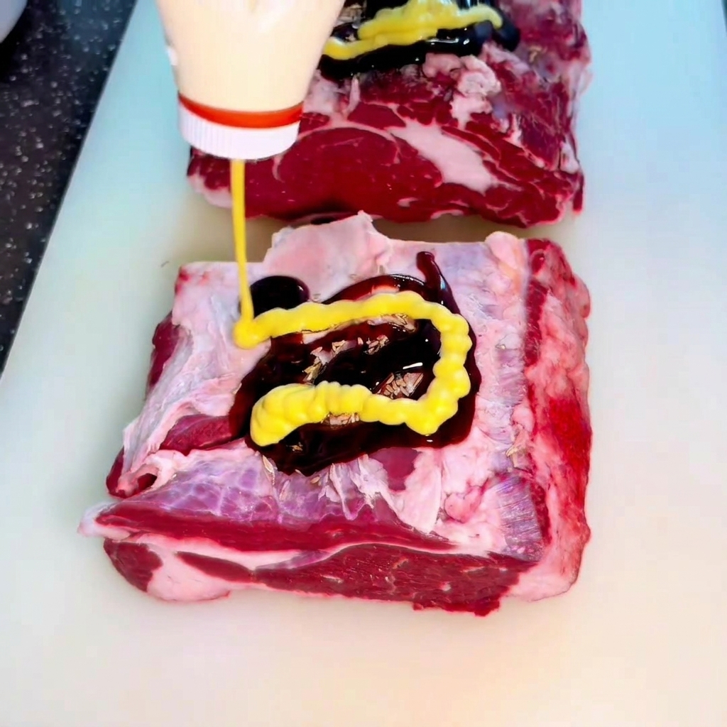 A yellow bottle squeezing mustard honey sauce in a wavy pattern over seasoned raw beef slabs.