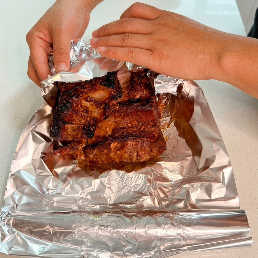 Hands folding the edges of shiny aluminum foil over a deeply browned and charred piece of beef.