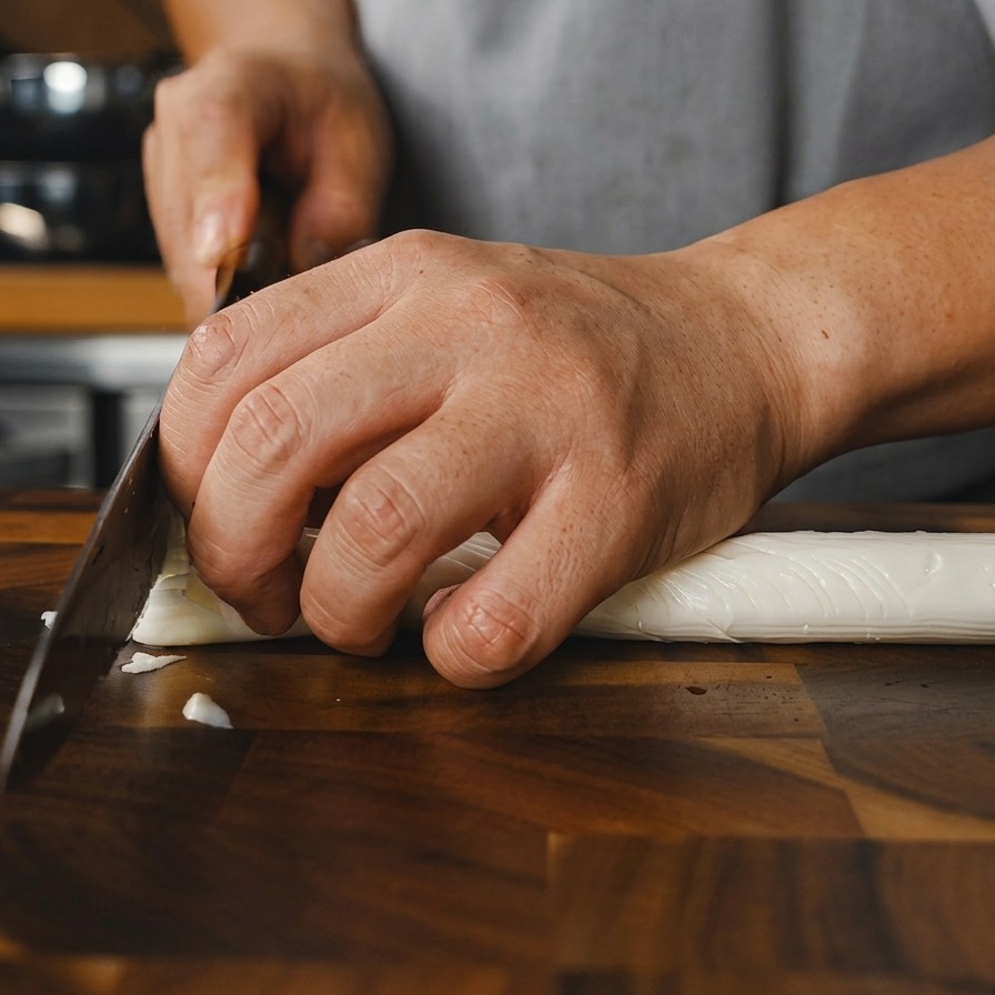 Hands using a chefs knife to finely chop long white vegetables on a wooden cutting board.