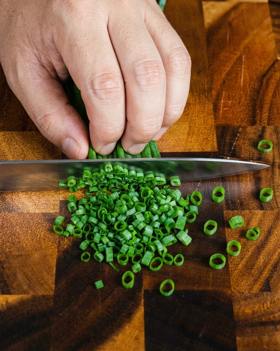 A hand slicing fresh green scallions into small circular pieces on a wooden cutting board.