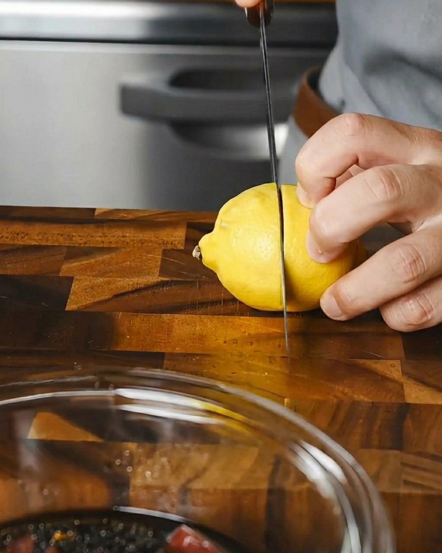 A halved lemon being squeezed by hand over a bowl of sliced, marinated tuna.