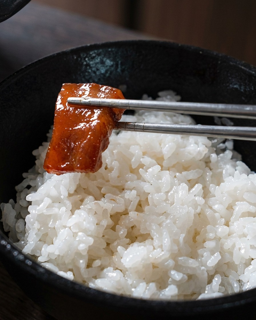 Metal chopsticks holding a glistening piece of dark red marinated tuna over a bowl of fluffy white rice.