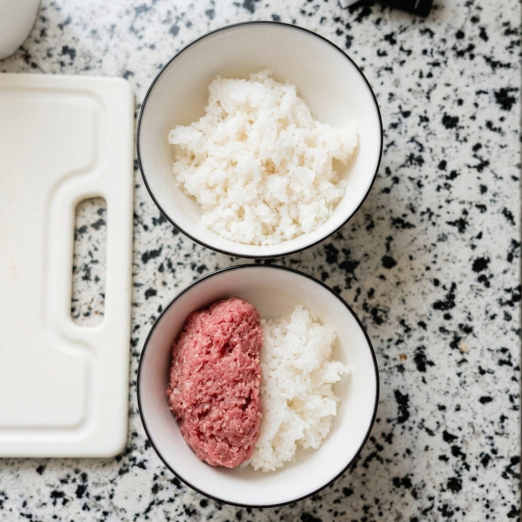 A mound of prepared pinkish-red minced tuna mixture sitting atop a bowl of cooked white rice.