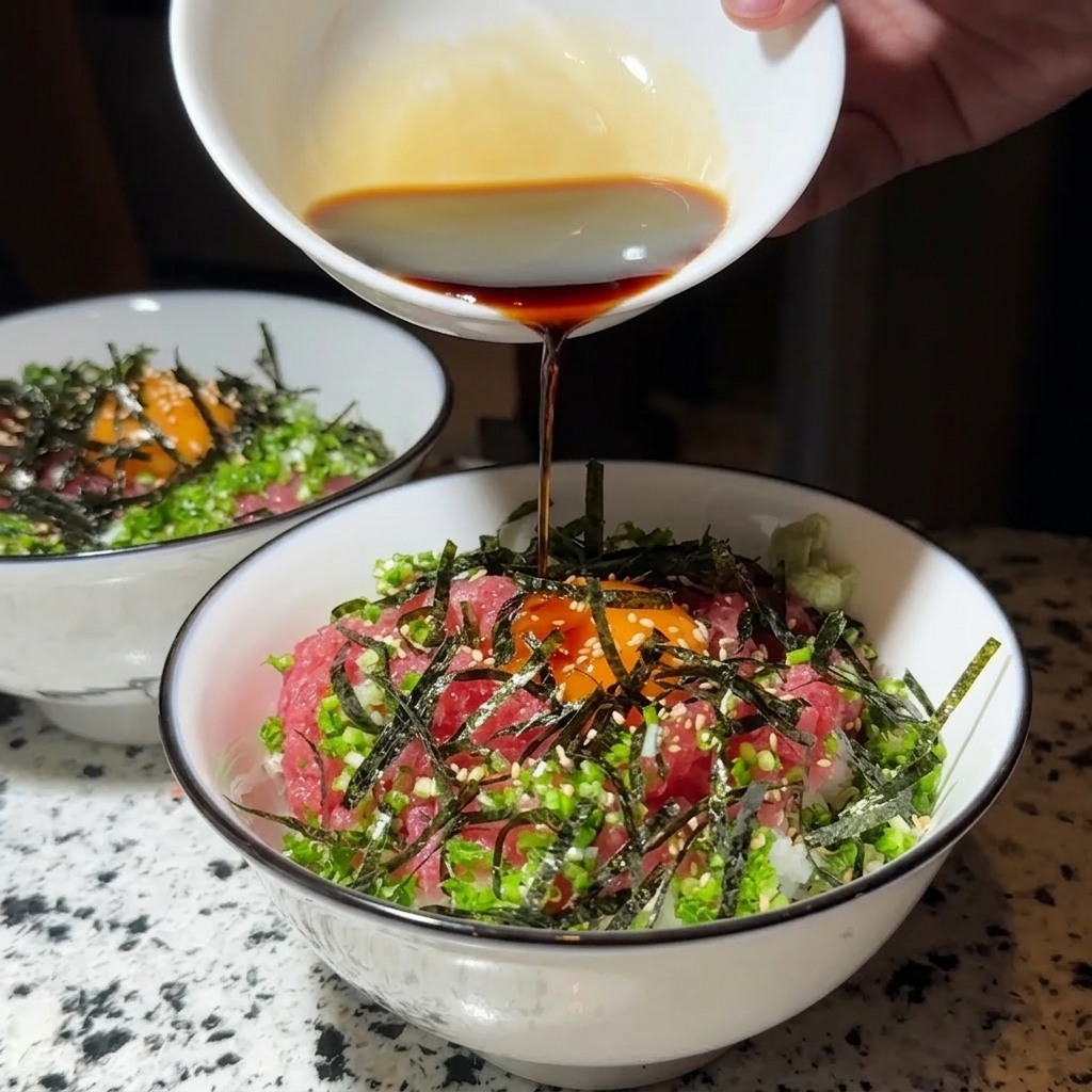 Soy sauce being drizzled from a small bowl over a beautiful tuna and scallion rice bowl.
