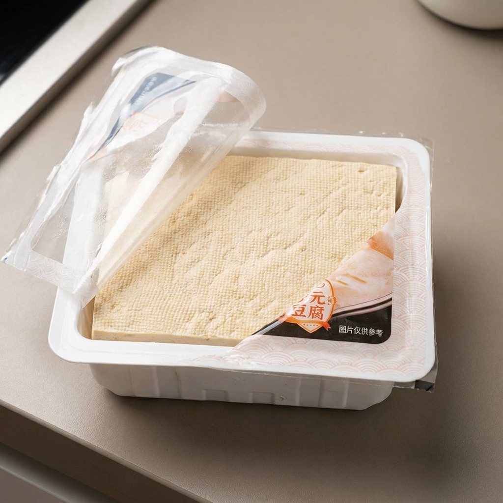 A block of tofu being sliced into cubes on a cutting board.