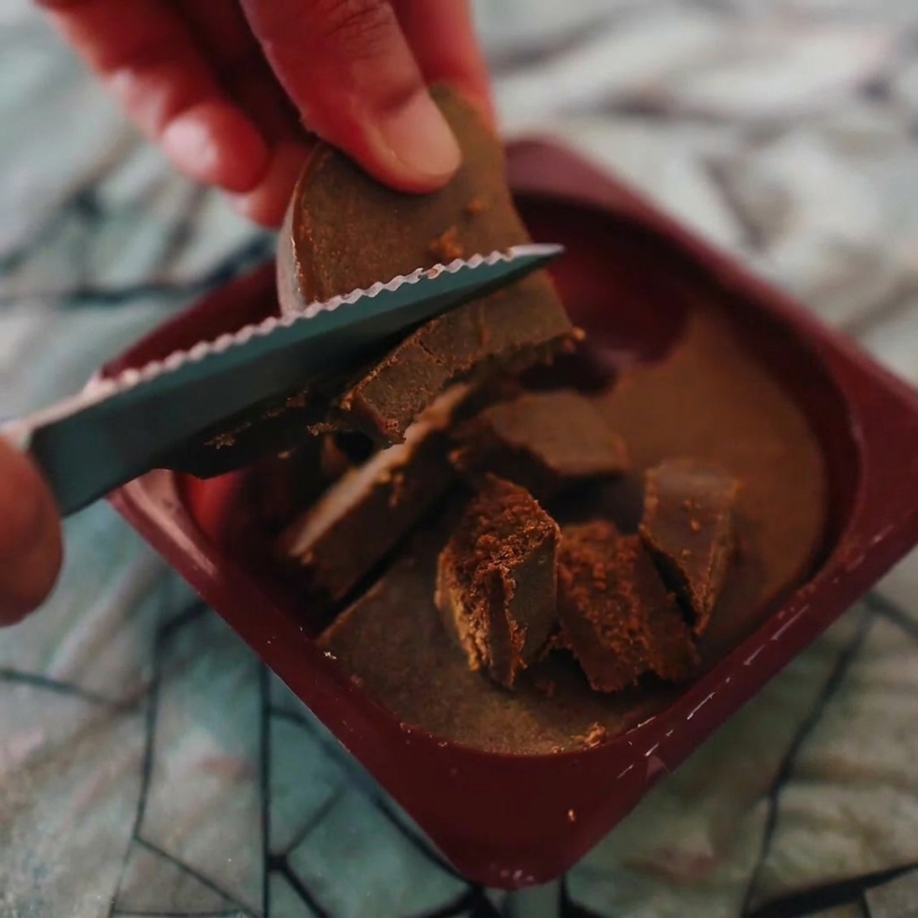 A knife cutting through a block of Japanese curry.